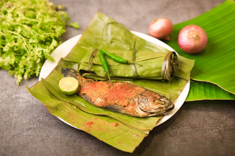 Imagem mostra o peixe assado na folha de bananeira, que é uma iguaria da culinária do Tocantins