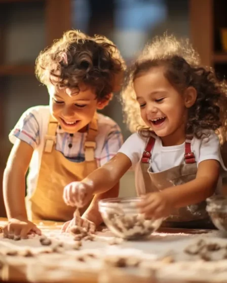 Imagem mostra duas crianças fofas se divertindo na cozinha