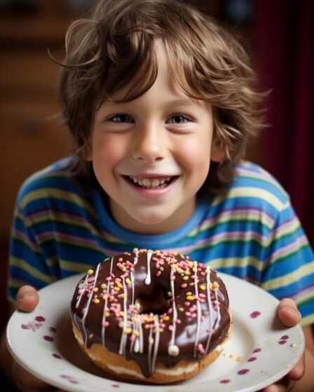 Imagem mostra uma criança com um donut no prato