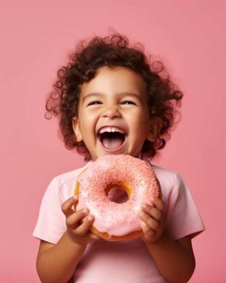 Imagem mostra uma criança com um donut nas mãos