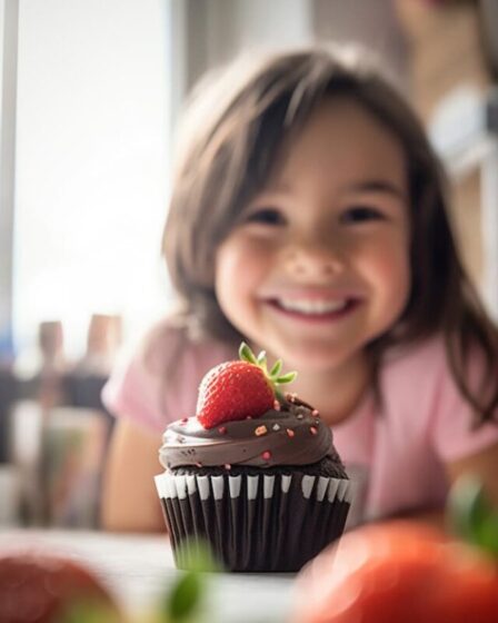 Imagem mostra uma menina sorrindo e um cupcake