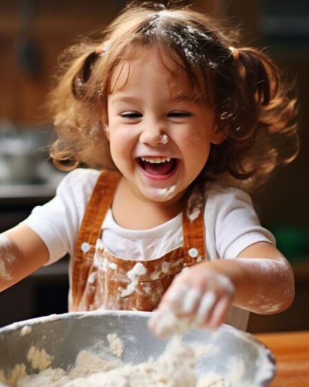 Imagem mostra criança na cozinha se divertindo