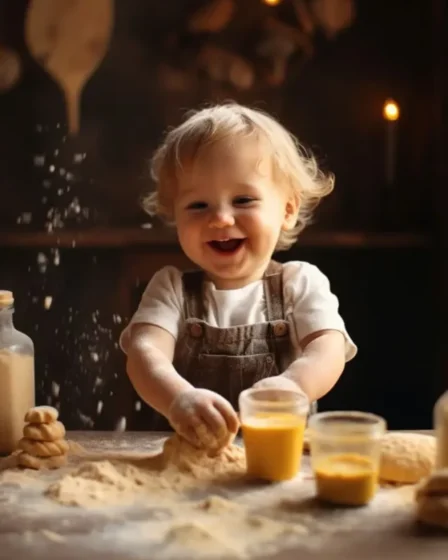 Imagem mostra criança se divertindo na cozinha