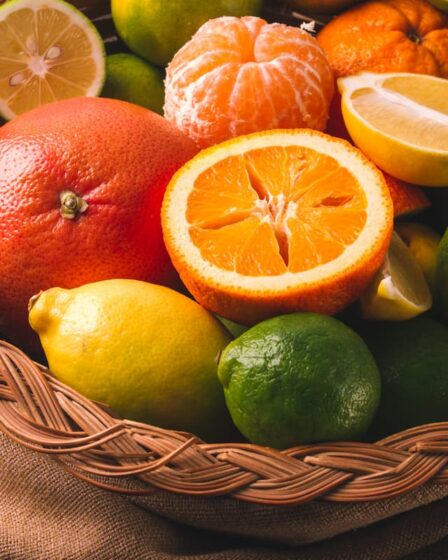 Imagem mostra bandeja com frutas citricas